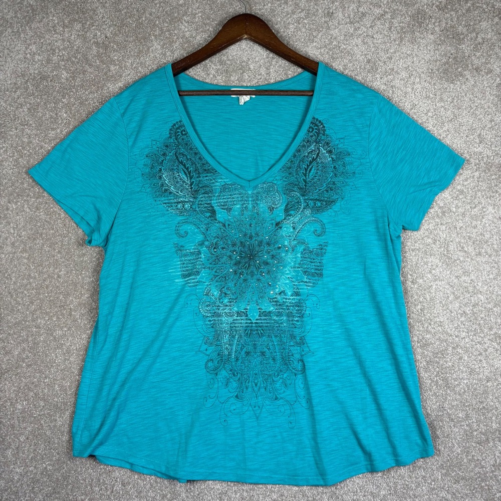 Madison & Berkeley Teal Mandala Graphic V-Neck Tee Rhinestone Accent 3X